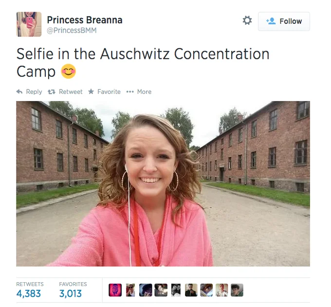 Twitter screenshot of Princess Breanna's Auschwitz selfie tweet with retweet counts
