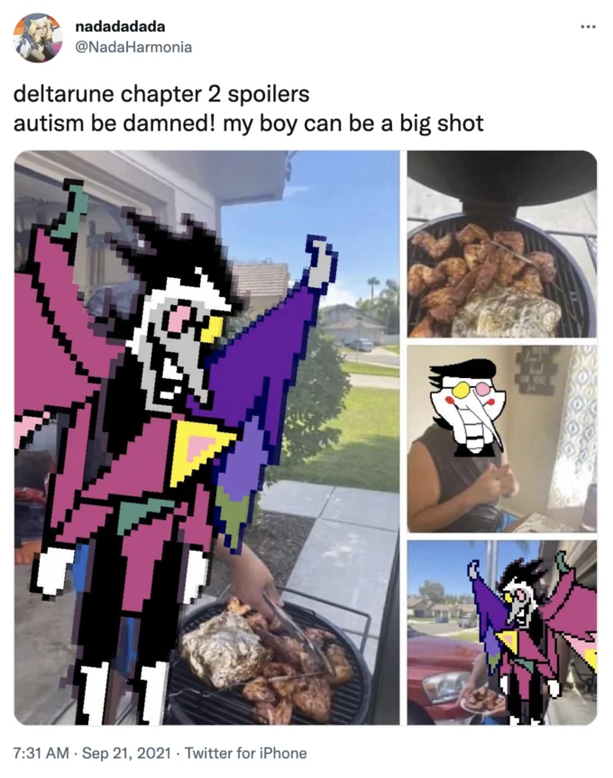 Autism Be Damned My Boy Can Work A Grill — Twitter variation with pixelated anime overlays on original photos as Delta Rune chapter 2 reference.