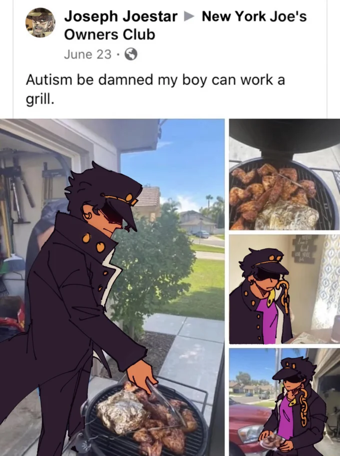 Autism Be Damned My Boy Can Work A Grill — Facebook post with anime character illustration overlaid on original Eddie Gomez grilling photos.