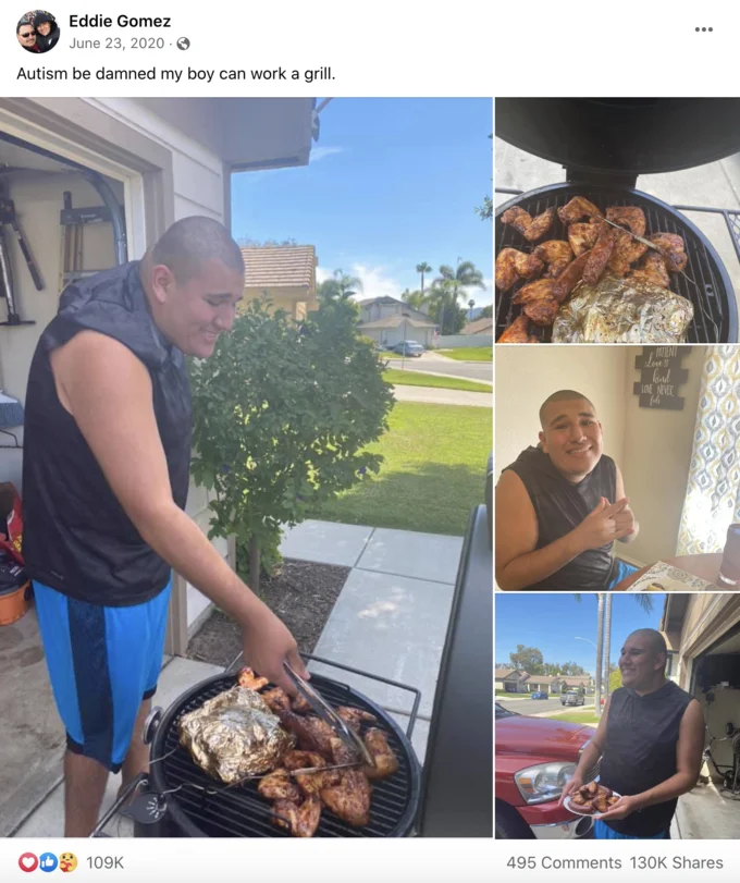 Autism Be Damned My Boy Can Work A Grill — Original Facebook post by Eddie Gomez from June 23, 2020 showing his autistic son grilling chicken in Oklahoma.