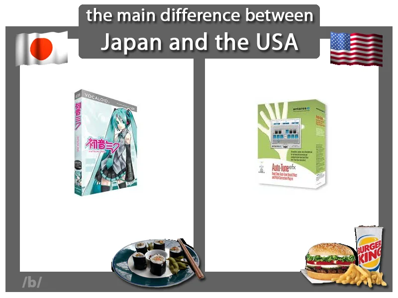 Meme comparing Japan's Vocaloid Miku with America's Auto-Tune software