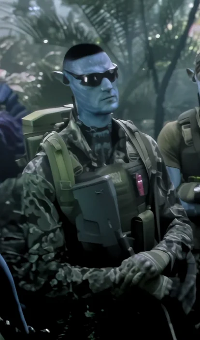 Avatar Chud — Blue Na'vi avatar soldier in camouflage uniform and sunglasses standing in the jungle