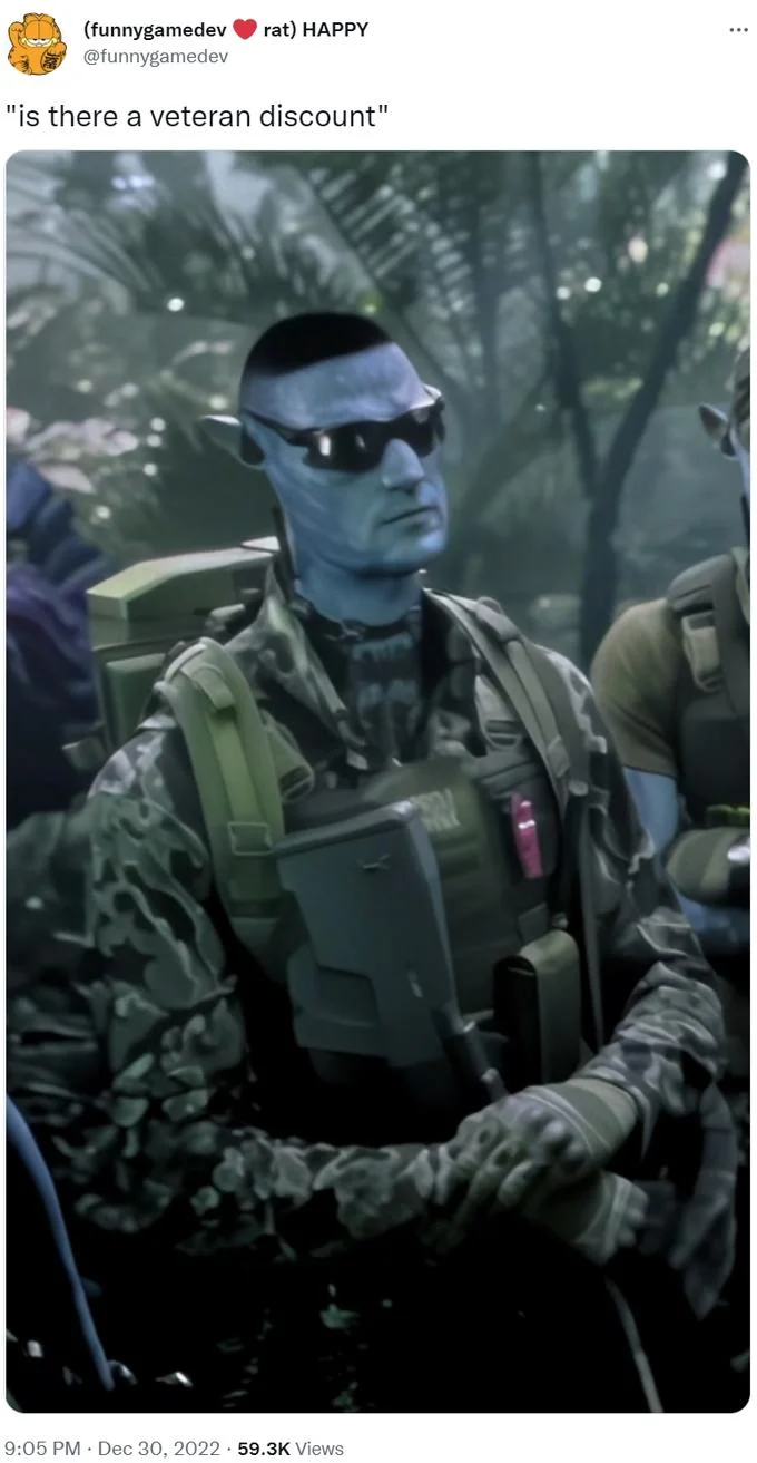 Tweet from funnygamedev captioned 'is there a veteran discount' over Avatar Chud image