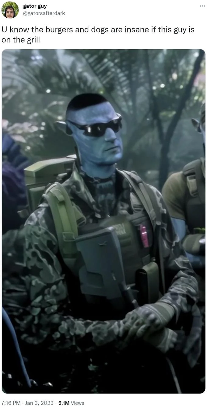 Tweet from gator guy about burgers and dogs over Avatar Chud image