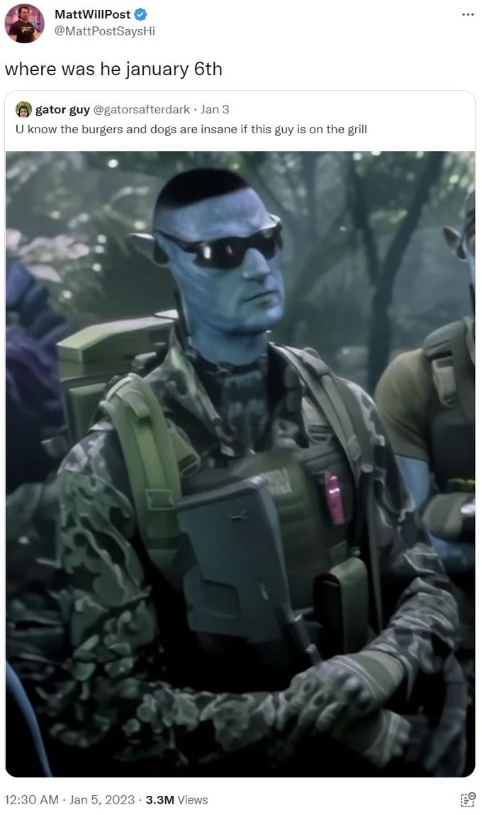 MattWillPost tweet asking 'where was he january 6th' quoting the Avatar Chud burgers and dogs tweet