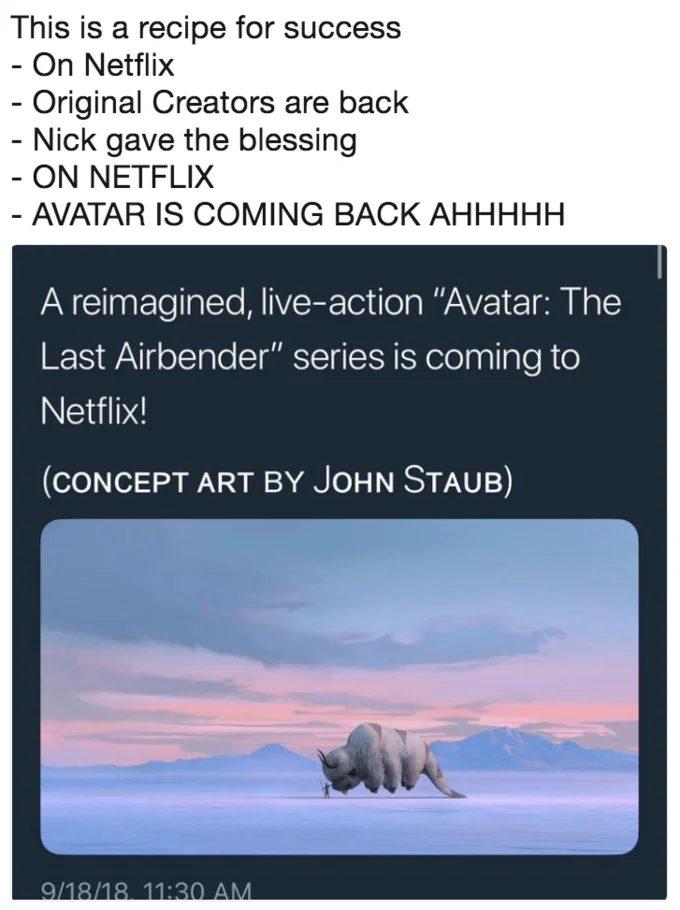 Avatar The Last Airbender The Legend Of Korra — Fan tweet reaction celebrating the Netflix live-action Avatar The Last Airbender announcement