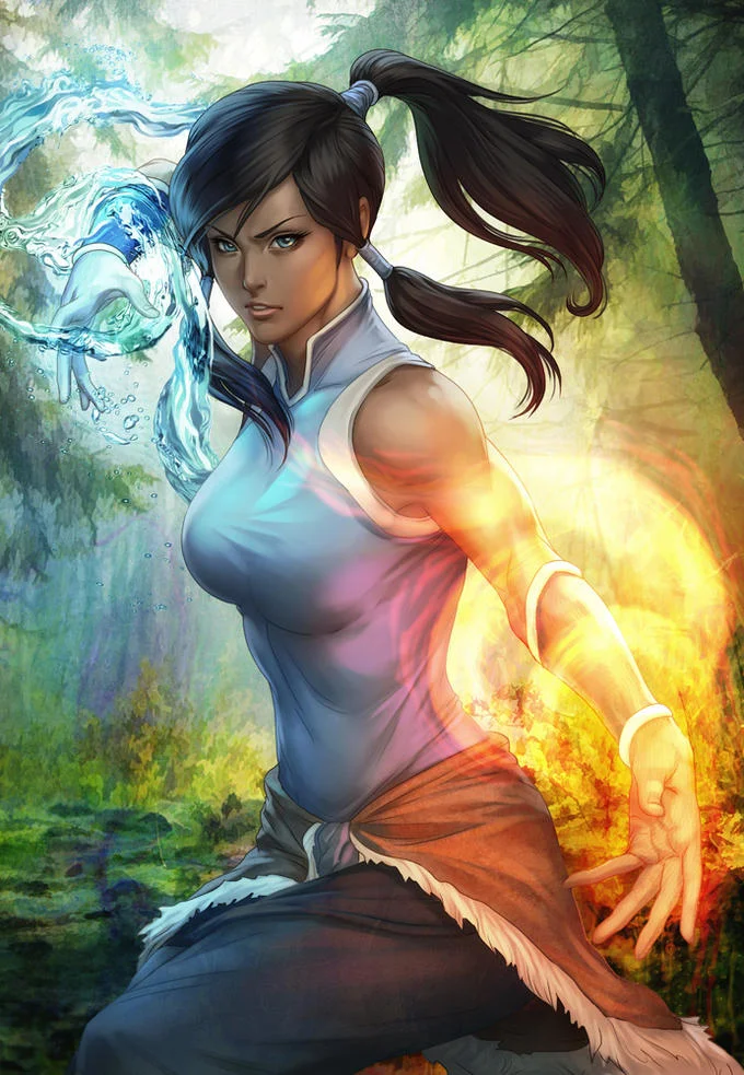 Avatar The Last Airbender The Legend Of Korra — Digital fan art of Avatar Korra bending water and fire in a forest