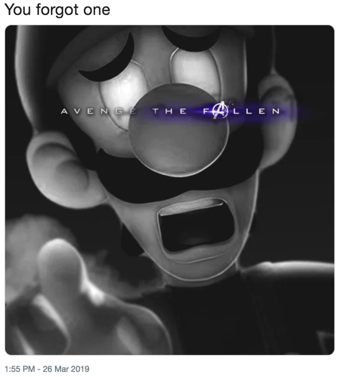 Avenge the Fallen Poster Parodies — Avenge the Fallen parody poster of a scared Luigi from Super Mario in black and white.