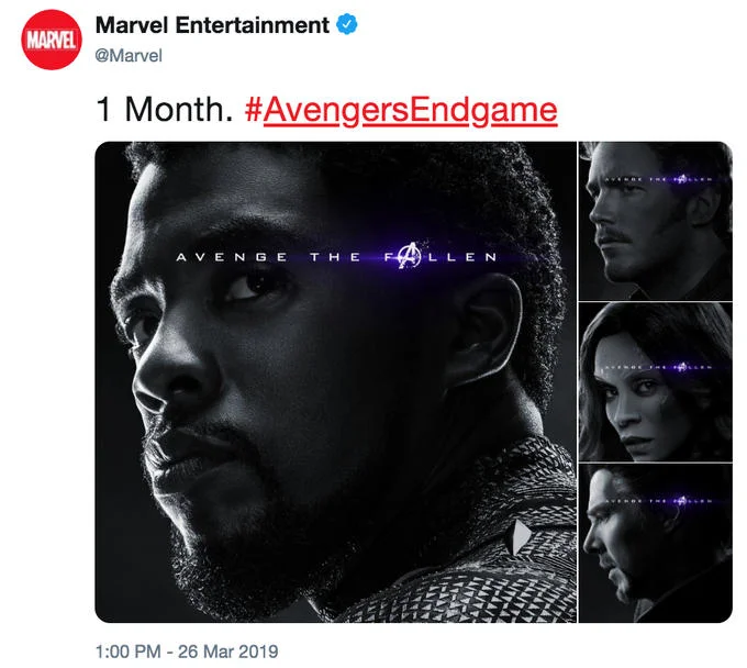 Avenge the Fallen Poster Parodies — Marvel Entertainment tweet showing Avenge the Fallen posters of Black Panther, Star-Lord, Scarlet Witch, and Winter Soldier.
