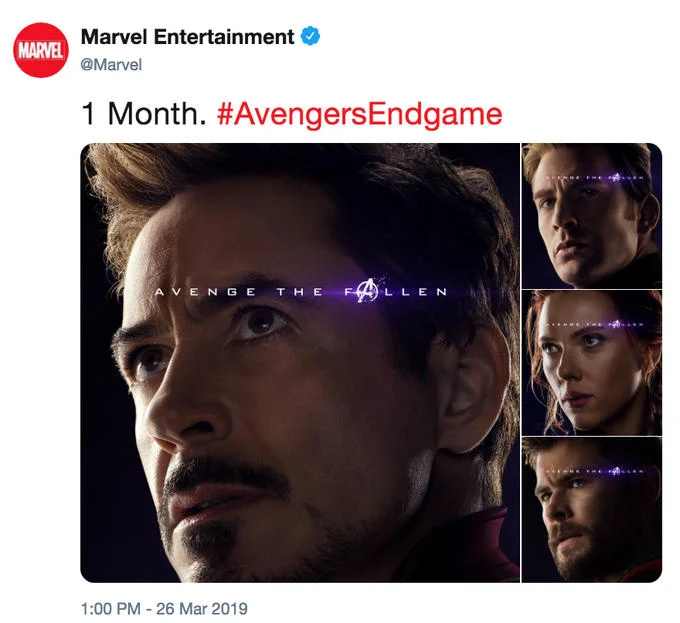 Avenge the Fallen Poster Parodies — Marvel Entertainment tweet showing Avenge the Fallen posters of Iron Man, Captain America, Black Widow, and Thor.