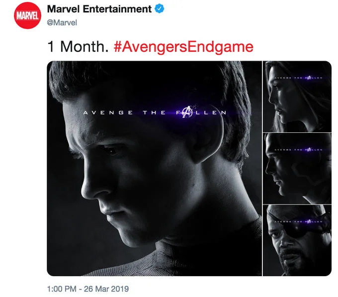 Avenge the Fallen Poster Parodies — Marvel Entertainment tweet showing Avenge the Fallen posters of Spider-Man and other Avengers characters.