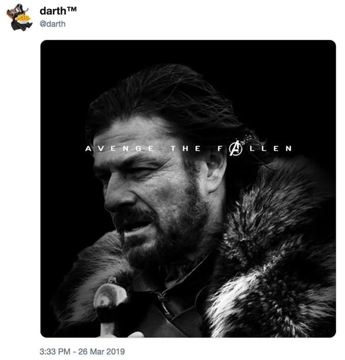 Avenge the Fallen Poster Parodies — Avenge the Fallen parody poster of Ned Stark from Game of Thrones in black and white.