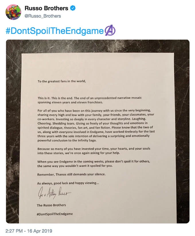 Russo Brothers tweet with a #DontSpoilTheEndgame letter asking fans not to spoil Avengers Endgame