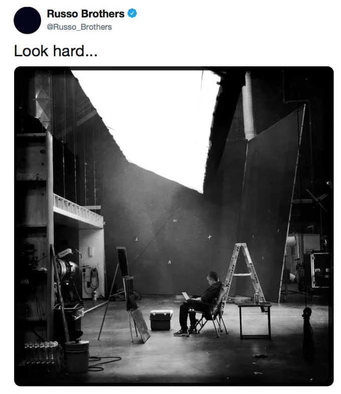 Avengers Endgame — Russo Brothers tweet 'Look hard...' with black-and-white photo of a person on an empty soundstage