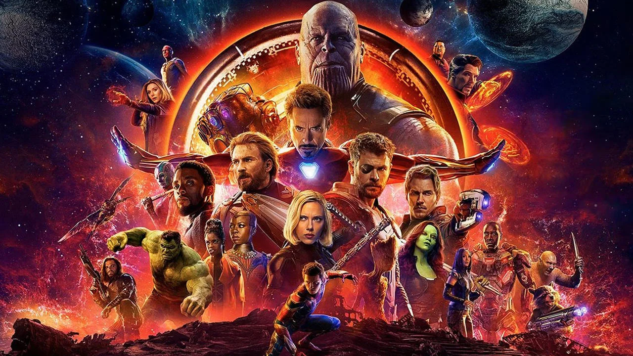 Avengers Infinity War movie poster with heroes and Thanos in background