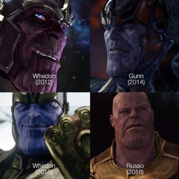 Avengers Infinity War — Four-panel meme comparing Thanos designs by directors Whedon, Gunn, and Russo from 2012 to 2018
