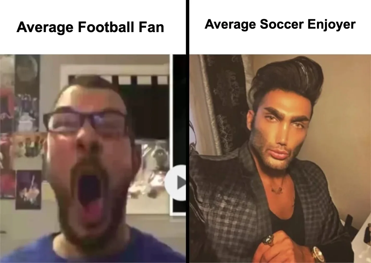 Average Fan vs Average Enjoyer — Average football fan vs soccer enjoyer meme comparing emotional fan with composed calm figure