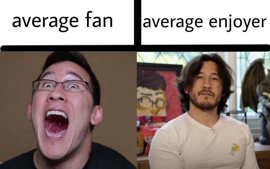 Average fan vs average enjoyer meme with emotional excited person on left and calm composed man on right