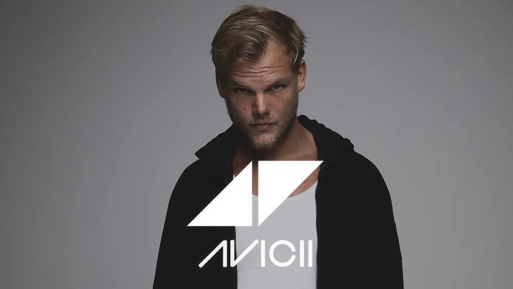 Avicii portrait with white triangle logo over black hoodie