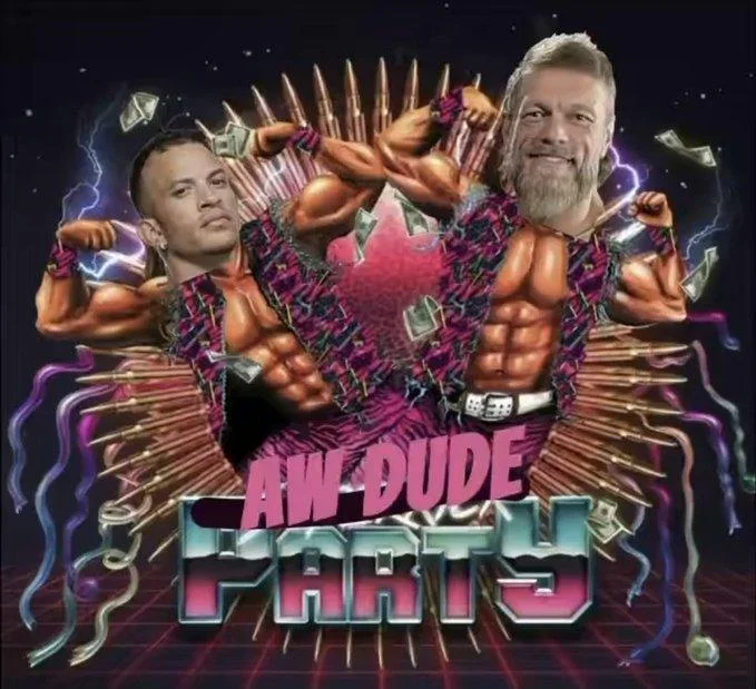 Aw, Dude — Vaporwave 'Aw Dude Party' poster with MJF and Adam Copeland heads on muscular bodies