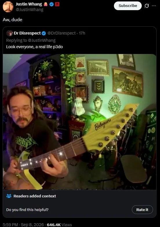 Justin Whang tweet replying 'Aw, dude' to a Dr Disrespect post