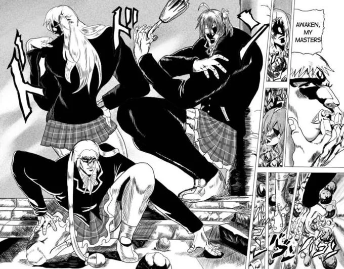 Anime schoolgirls recreating the Pillar Men pose with caption 'Awaken, My Masters'.