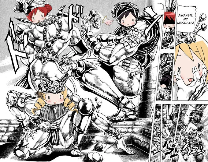 Awaken, My Masters — Madoka Magica magical girls posed as JoJo's Pillar Men with caption 'Awaken, My Megucas!'