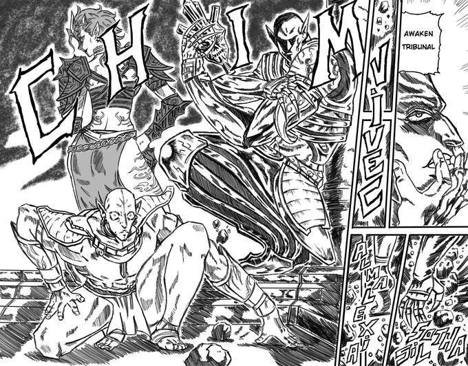 Awaken, My Masters — Hand-drawn manga parody of the Pillar Men awakening scene labelled 'Awaken Tribunal'.