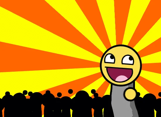 Awesome Face Epic Smiley — Awesome Face stick figure celebrating in front of a cheering crowd with sunburst background