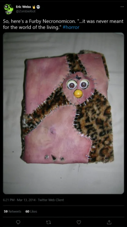 Awful Taste, But Great Execution — Tweet screenshot showing a handmade Furby-themed Necronomicon book with stitched leather and fur