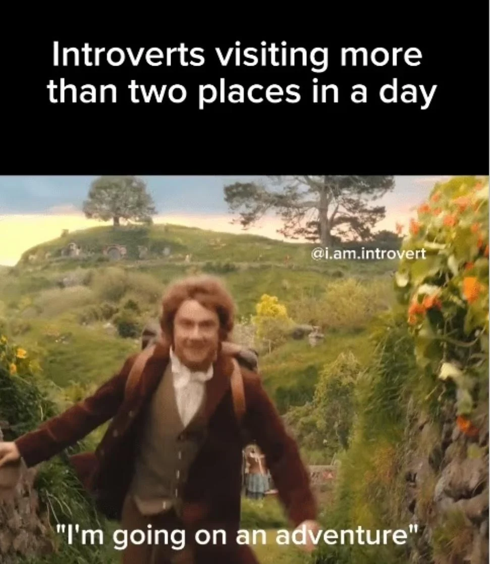 Awkward Introduction — Hobbit character saying 'I'm going on an adventure' about introverts visiting multiple places