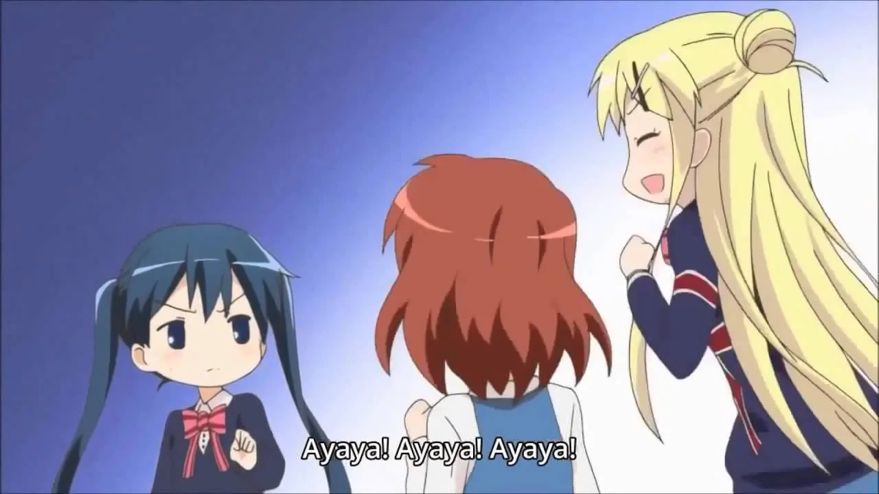 Anime scene of blonde character happily shouting 'Ayaya! Ayaya! Ayaya!' with subtitles
