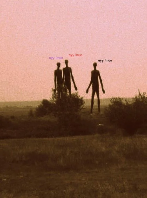 Three tall alien figures in a field with 'ayy lmao' captions