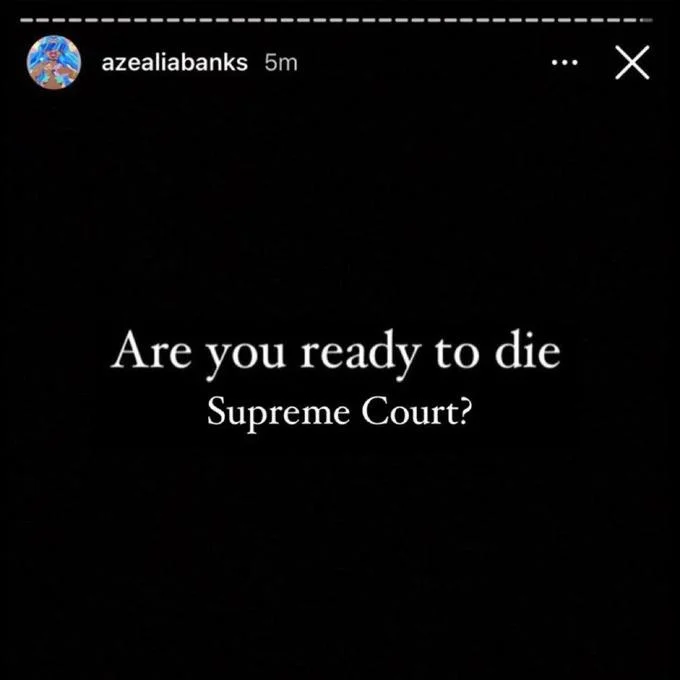 Azealia Banks "Are You Ready To Die?" — Black background with white text 'are you ready to die tory lanez?'