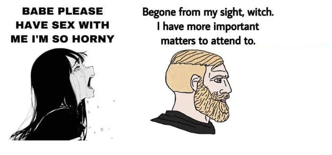 Babe Please Stop — Minimalist template with just female character on left and bearded male on right.