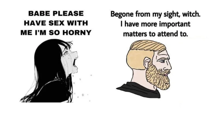Babe Please Stop — Primary template with female character pleading on left and Yes Chad dismissing on right with dialogue.