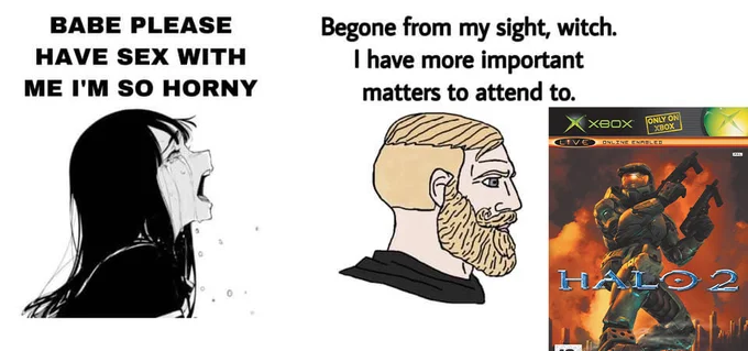 Babe Please Stop — Original meme template with female character pleading on left and Yes Chad dismissing on right.