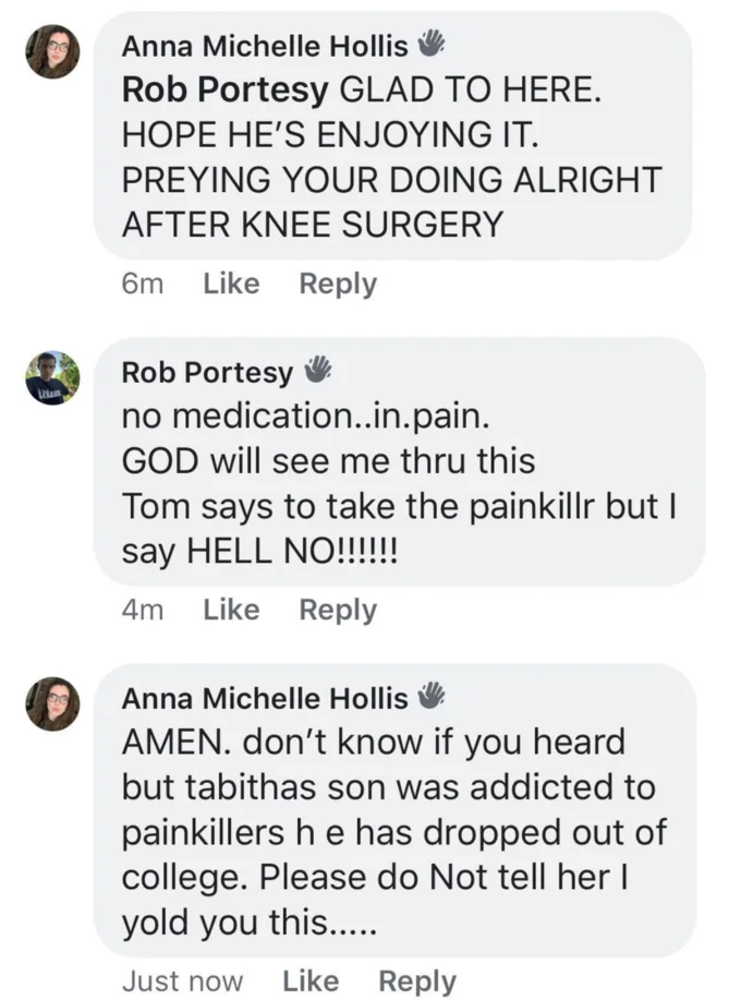 Baby Boomers — Facebook comment thread parodying boomer conversations about knee surgery and painkillers