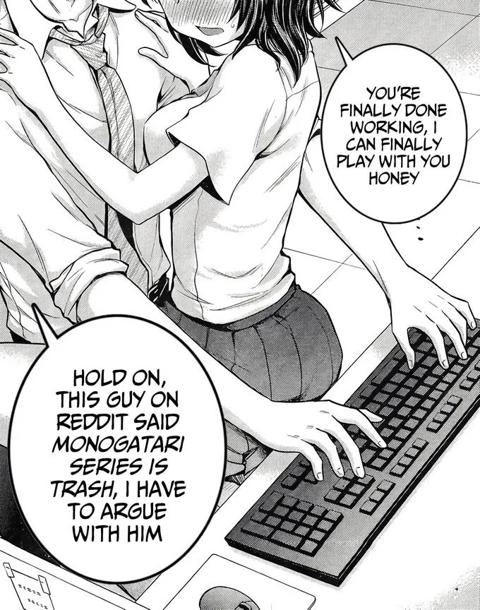Baby, Can You Touch Me Already — Manga panel with speech bubbles about Reddit argument over Monogatari series