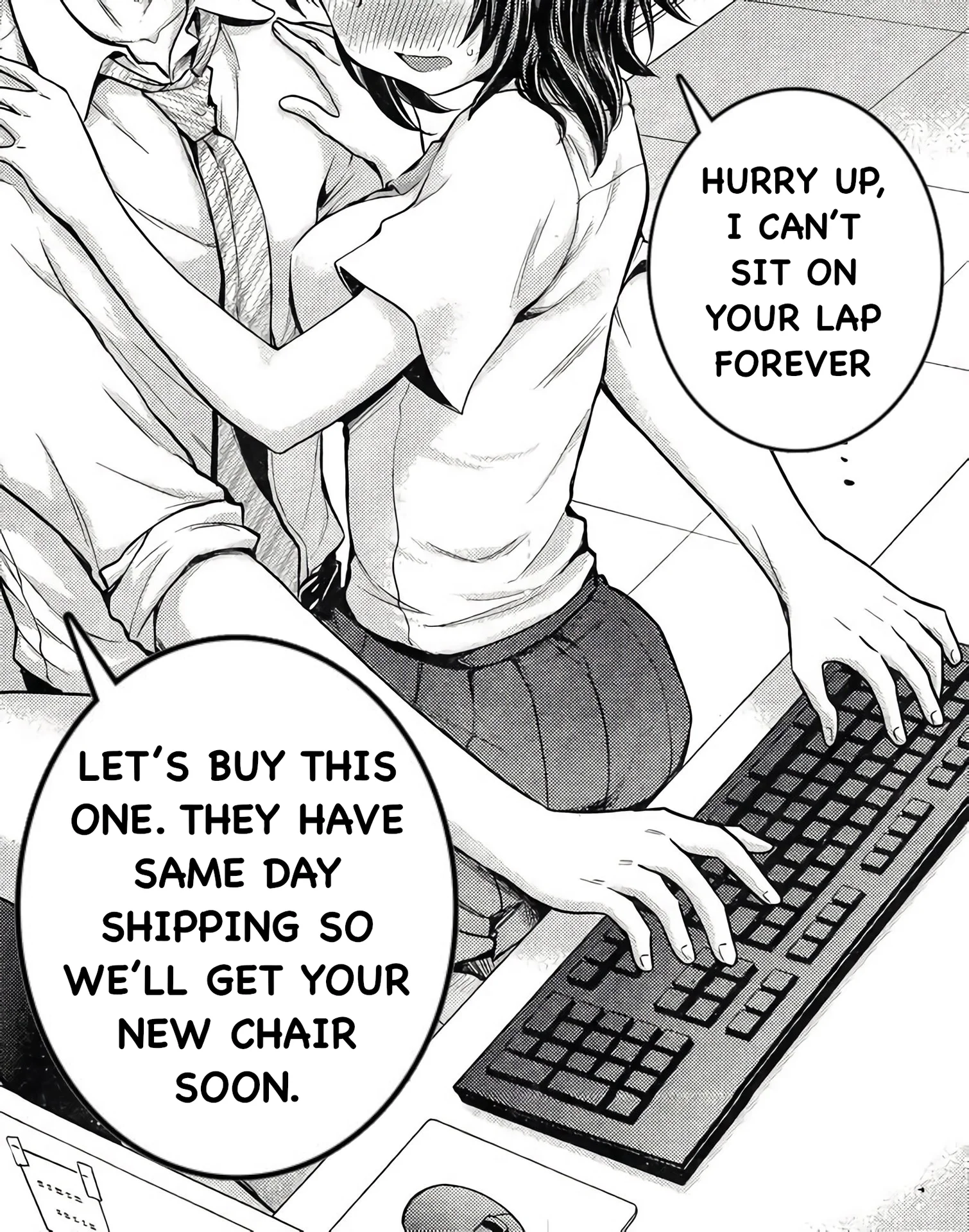 Baby, Can You Touch Me Already — Manga panel edit with speech bubbles about buying a new chair with same day shipping