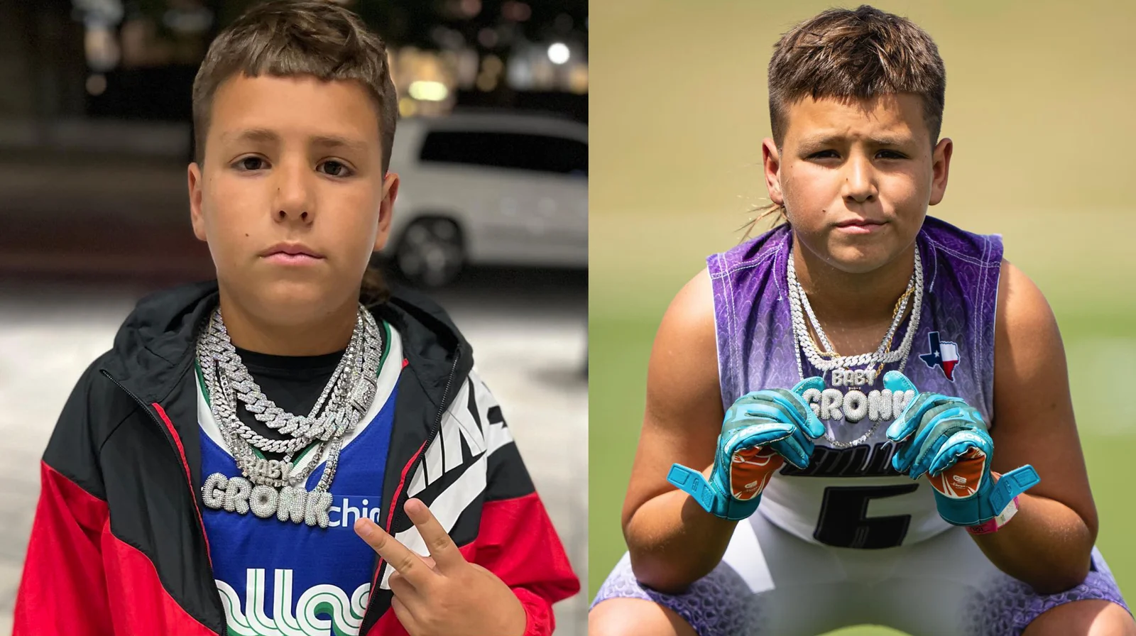 Baby Gronk — Split composition with young athlete in official GRONK attire on right and street-style athletic on left.