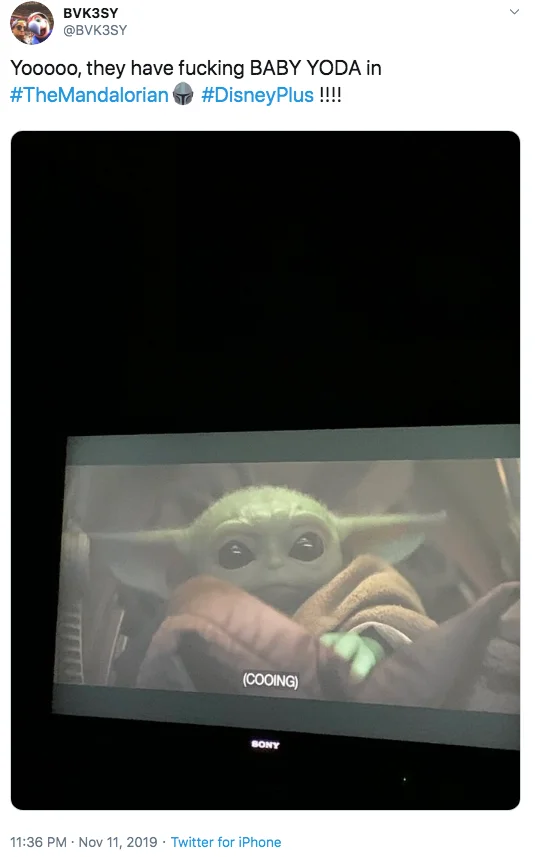 Baby Yoda / Grogu — Raw first reaction tweet before US premiere with 'BABY YODA in #TheMandalorian'.