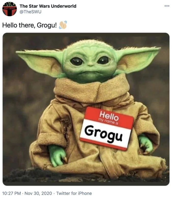 Baby Yoda / Grogu — Photoshopped Baby Yoda holding 'Hello my name is Grogu' nametag.
