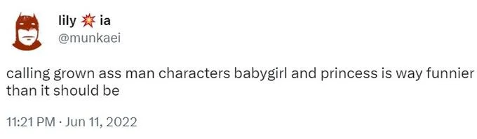 Twitter post discussing humor of infantilizing grown male characters with babygirl.