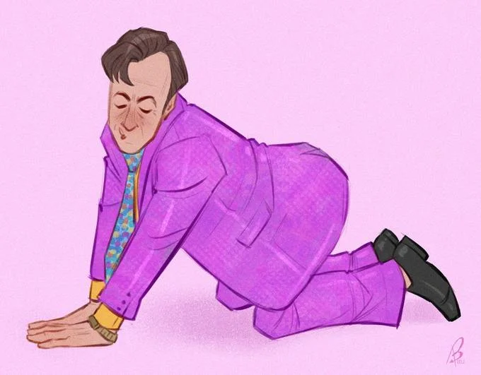 Babygirl — Digital illustration of attractive man in purple suit on knees with soft pink background.