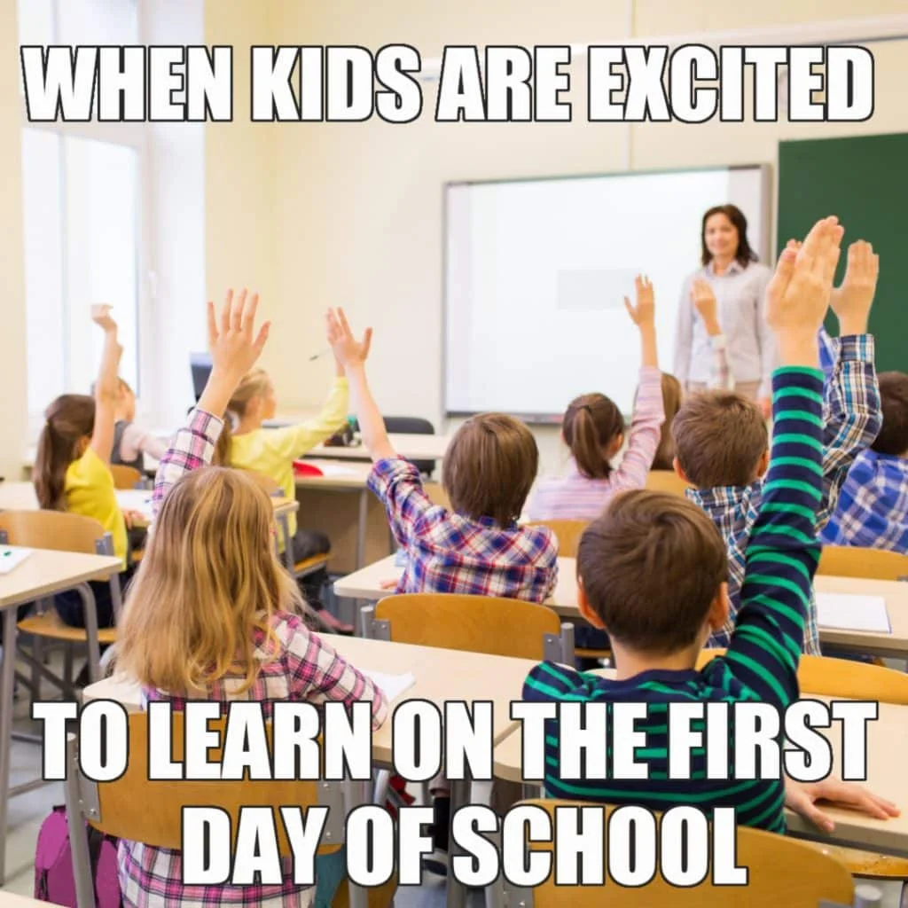 Back to School 2023 — Excited classroom students raising hands with back-to-school text overlay meme