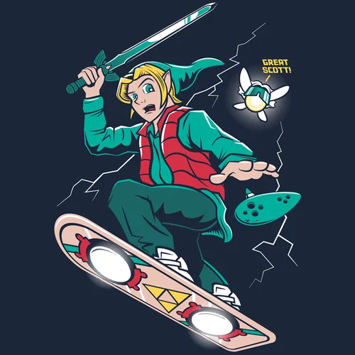 Back To The Future — Fan art of Link as Marty McFly on a hoverboard with Navi saying Great Scott