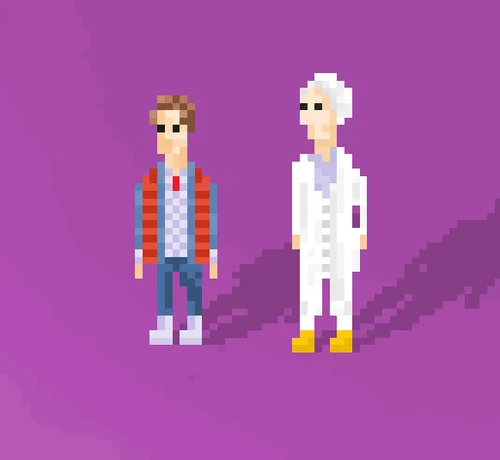 Back To The Future — Pixel art of Marty McFly and Doc Brown standing side by side