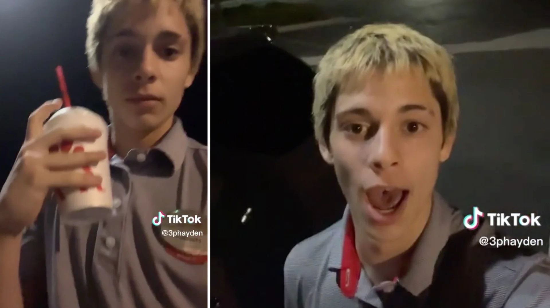 Back With Another Milk Help Guy Screaming For Help With A Milkshake — Split screen TikTok of a fast-food worker holding a milkshake and screaming for help