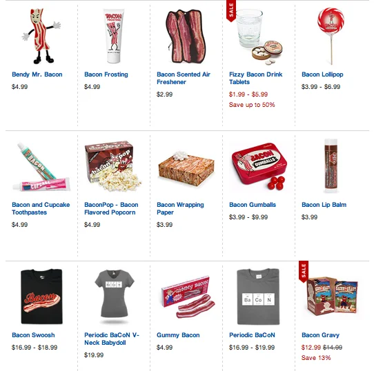 Grid of bacon-themed novelty merchandise for sale